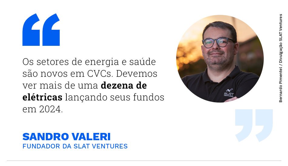 "Os setores de energia e saúde são novos em CVCs. Devemos ver mais de uma dezena de elétricas lançando seus fundos em 2024." - Sandro Valeri, fundador da Slat Ventures.