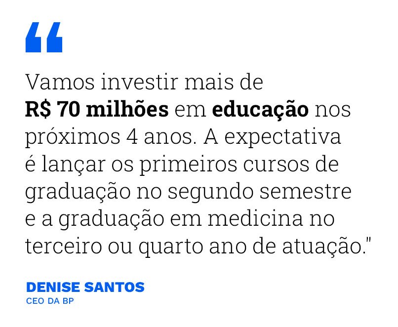 "Vamos investir mais de R$ 70 milhões em educação nos próximos 4 anos. A expectativa é lançar os primeiros cursos de graduação no segundo semestre e a graduação em medicina no terceiro ou quarto ano de atuação." (Denise Santos - CEO da BP)